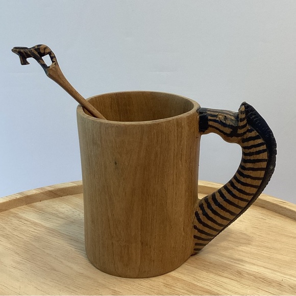 Folk Art Mug Zebra Head Handle Handcrafted Wooden W/ Zebra Swizzle-stick /stirer - Picture 1 of 8